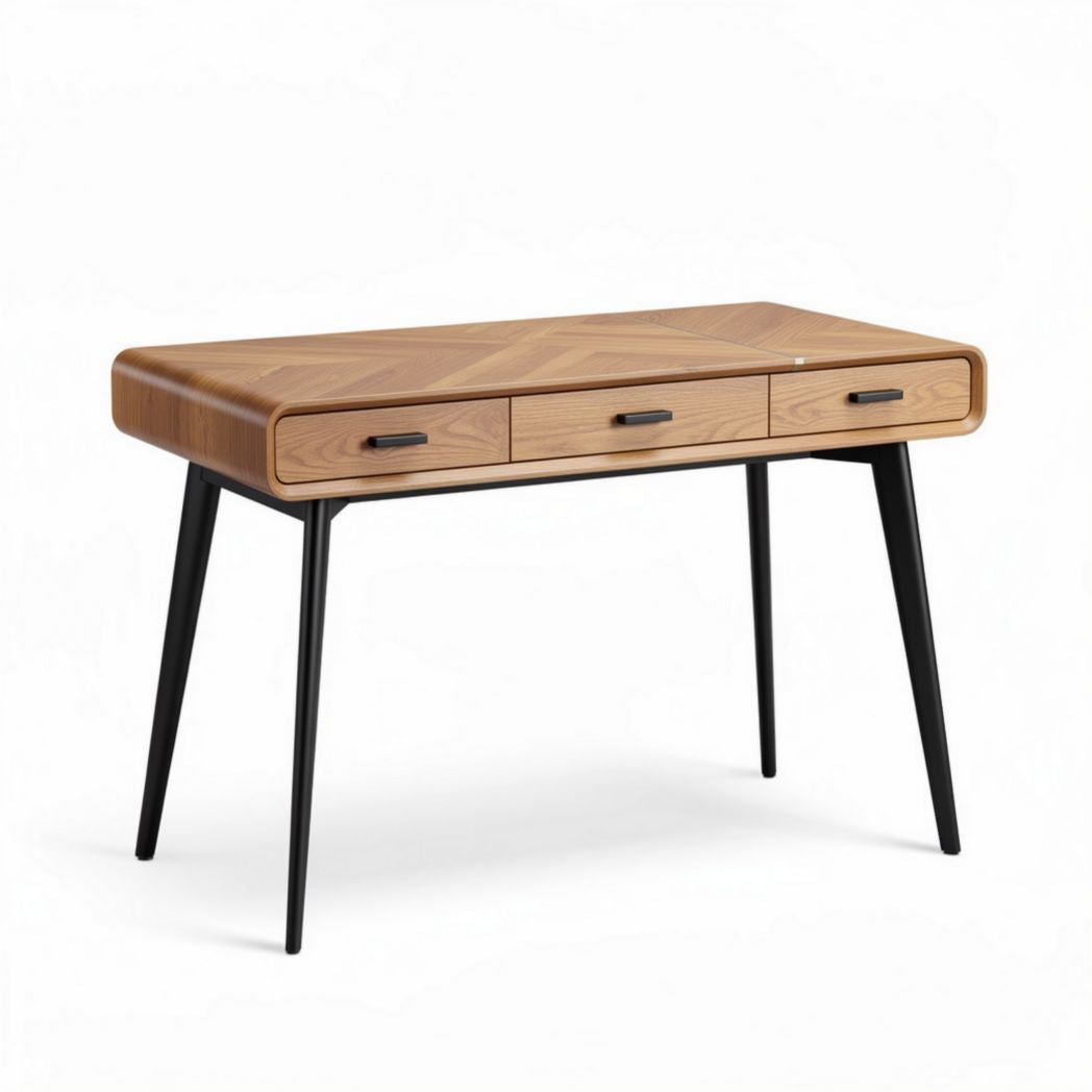 Houten bureau met drie lades en zwarte metalen poten 120 x 60 x 75cm