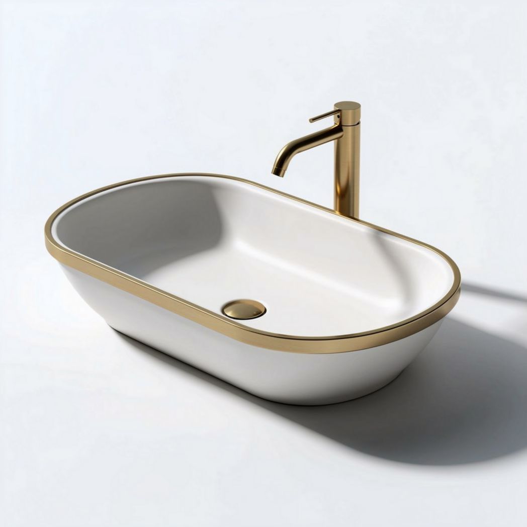 Witte wastafel met gouden rand 50 x 30 x 15cm voor badkamerinstallatie