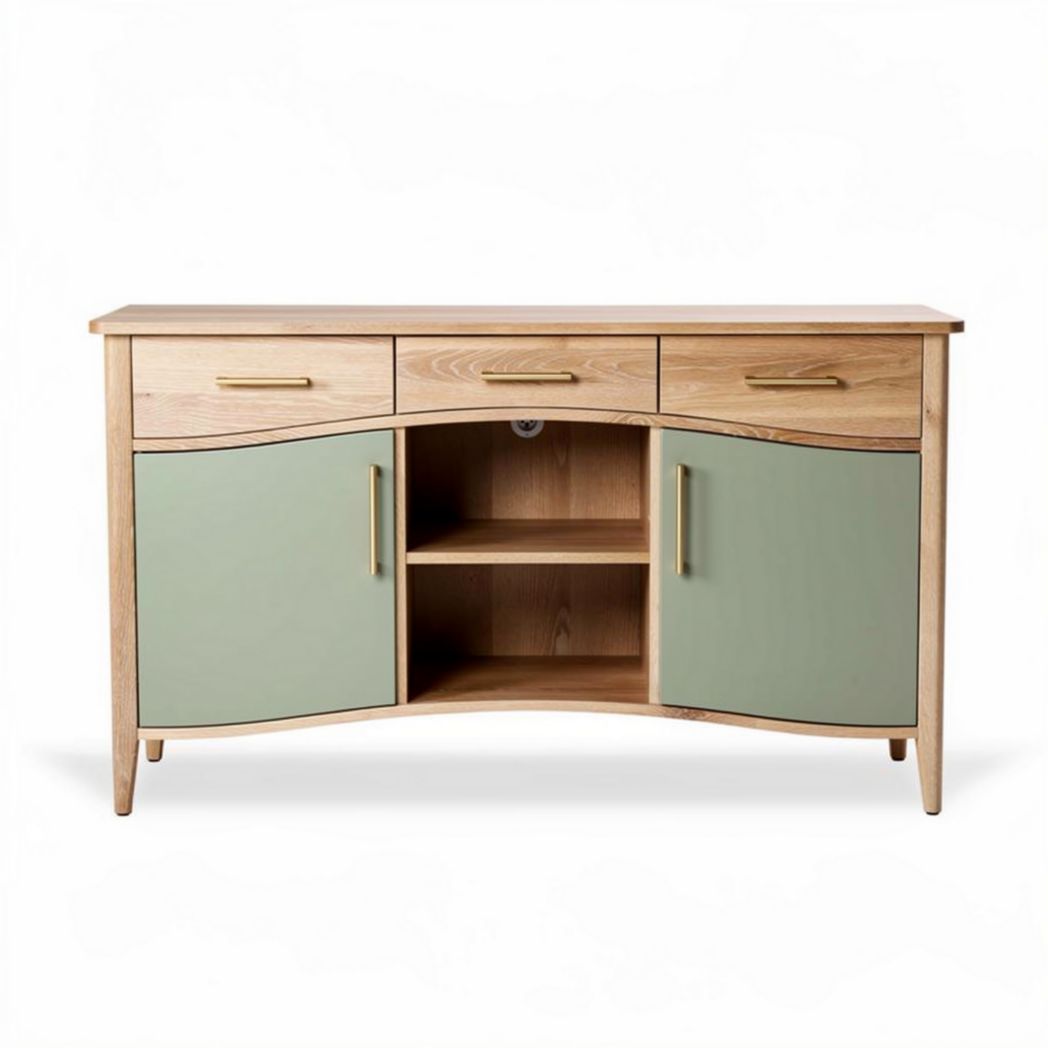 Houten dressoir met groene deuren en drie lades 100 x 40 x 75cm